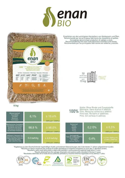 ENAN Bio - Palet de 70 Sacos de Pellets de 15 Kilos EN Plus A1 (1050kg). Entrega a Domicilio